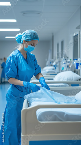 Healthcare worker in PPE preparing a hospital bed in a sterile environment photo