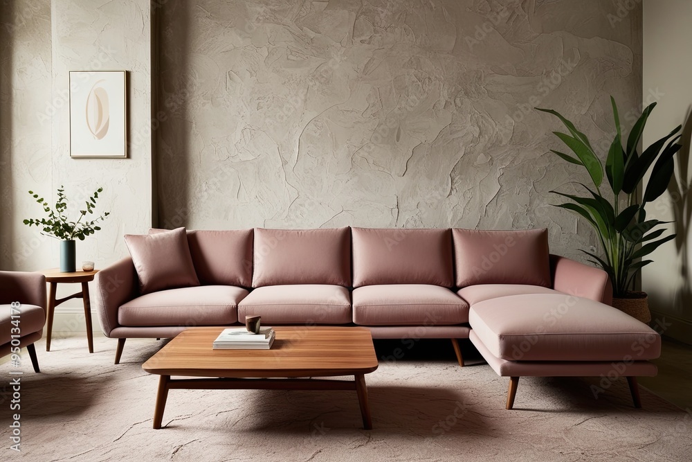 Fototapeta premium Stylish Chic Lounge Design with Wooden Coffee Table and Dusty Rose Sofa on Textured Plaster Wall