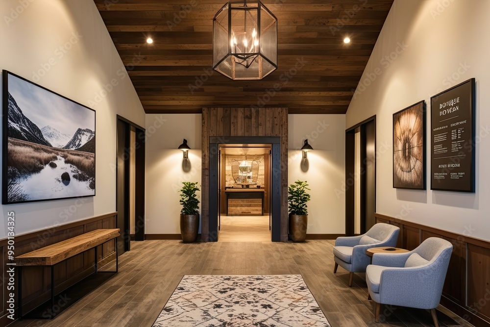 Fototapeta premium Scandinavian Rustic Lobby Design for Boutique Hotel Entrance with Sloped Ceilings