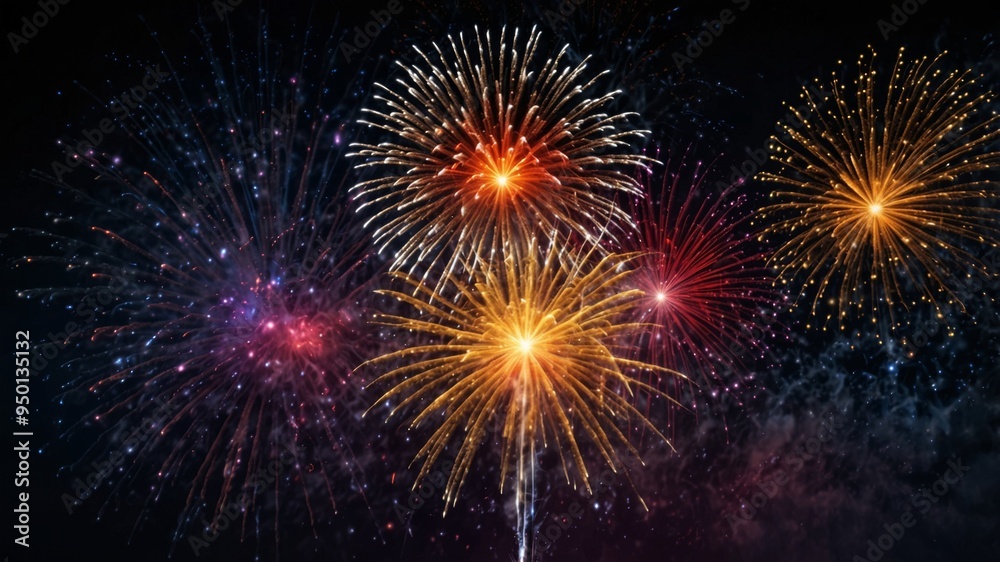 A vibrant display of fireworks illuminates the night sky A vibrant display of fireworks illuminates the night sky