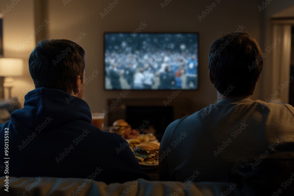 Football Game and Feast: A group of friends or family members gathered in a living room, cheering for their favorite team on TV while enjoying snacks like turkey sandwiches, chips, and drinks. The roo Football Game and Feast: A group of friends or family members gathered in a living room, cheering for their favorite team on TV while enjoying snacks like turkey sandwiches, chips, and drinks. The roo