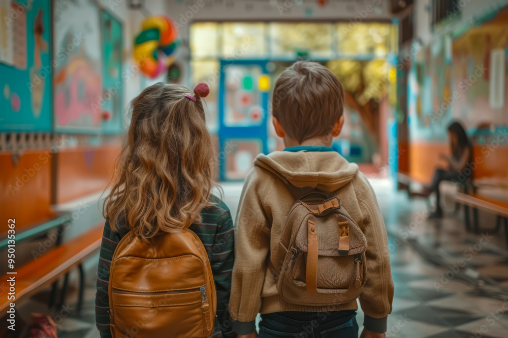 Obraz premium A boy and a girl holding hands while leaving school together