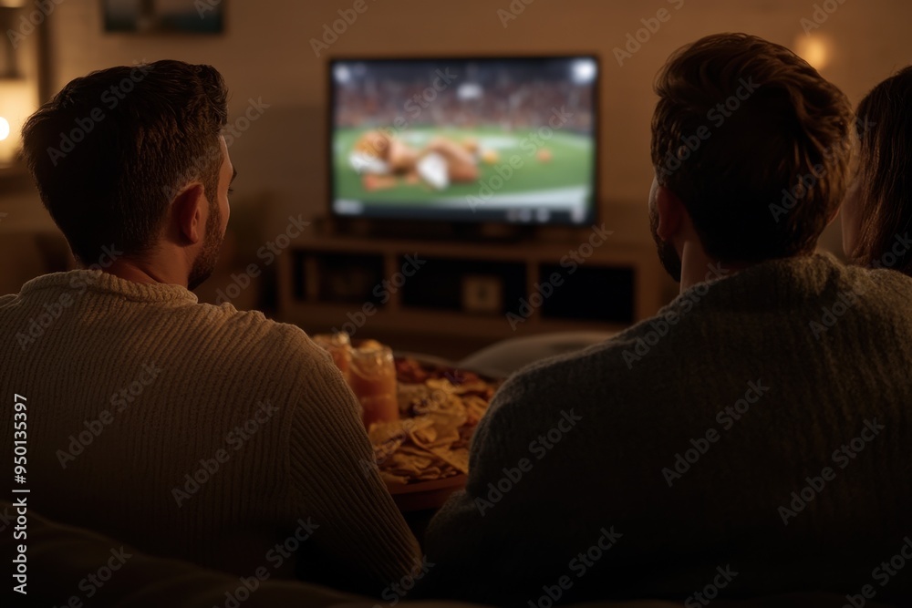 Football Game and Feast: A group of friends or family members gathered in a living room, cheering for their favorite team on TV while enjoying snacks like turkey sandwiches, chips, and drinks. The roo Football Game and Feast: A group of friends or family members gathered in a living room, cheering for their favorite team on TV while enjoying snacks like turkey sandwiches, chips, and drinks. The roo