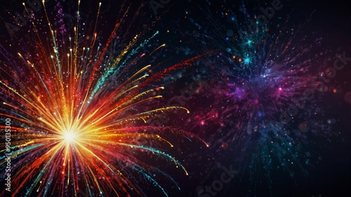 Two vibrant multi-colored firework bursts