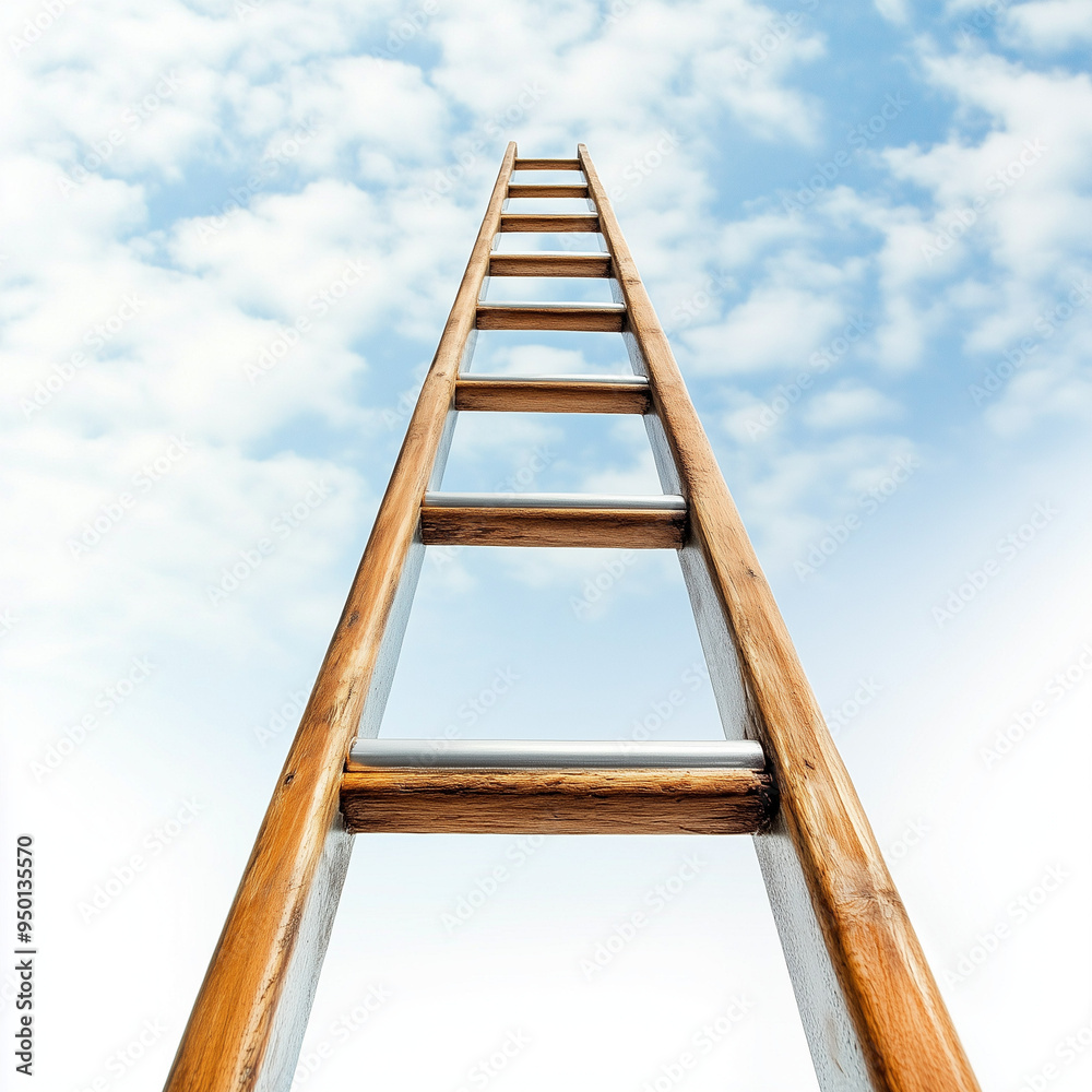 Climbing to New Heights: A stark perspective of a wooden ladder ascending into the vast expanse of the sky, symbolizing ambition, progress, and the pursuit of goals. Climbing to New Heights: A stark perspective of a wooden ladder ascending into the vast expanse of the sky, symbolizing ambition, progress, and the pursuit of goals.