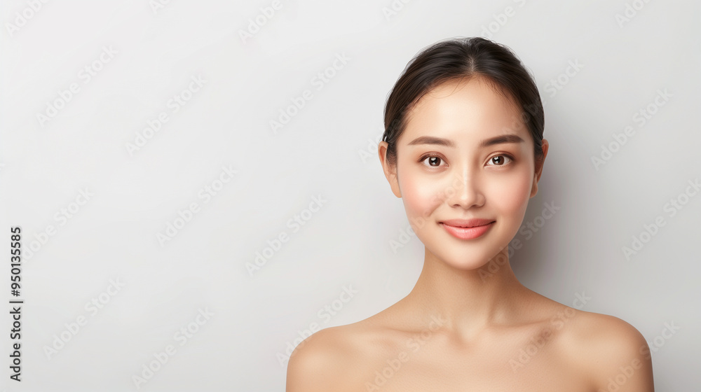 A beautiful young Chinese woman with clear, healthy skin, posing with a gentle smile against a white background, exuding calm and confidence. A beautiful young Chinese woman with clear, healthy skin, posing with a gentle smile against a white background, exuding calm and confidence.
