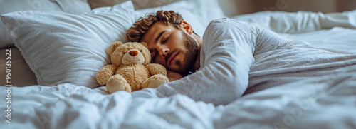 Blissful Slumber Joyful man snoozing with teddy bear in cozy bed, enveloped by soft pillows, tranquil dreams in restful slumber. photo