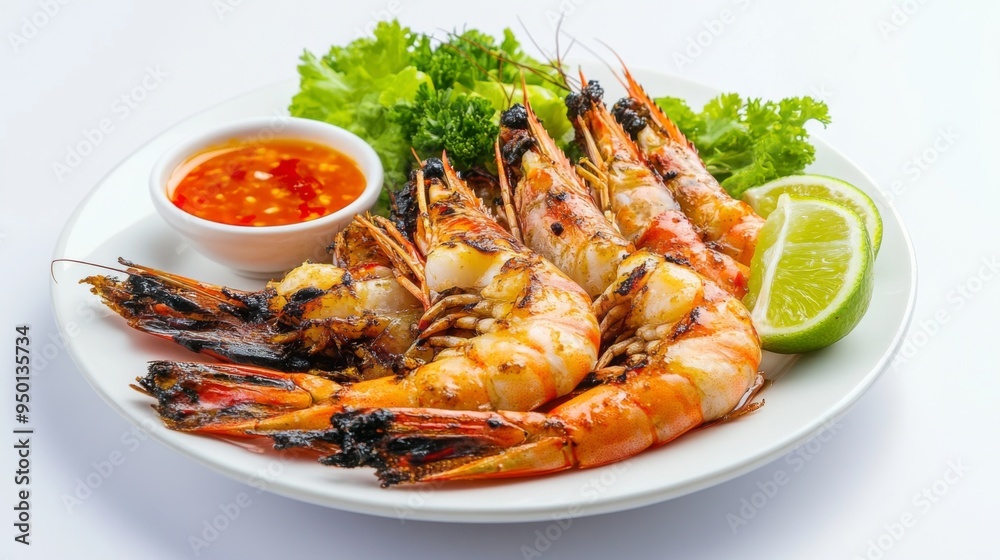 A delicious and inviting plate of grilled prawns with a perfect char, accompanied by a side of dipping sauce and lime wedges, set against a clean white background. A delicious and inviting plate of grilled prawns with a perfect char, accompanied by a side of dipping sauce and lime wedges, set against a clean white background.