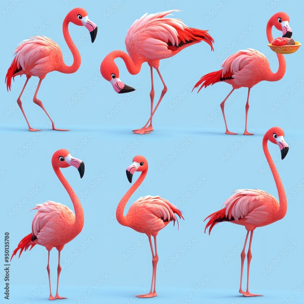 Obraz premium A collection of animated flamingos in various poses and expressions.