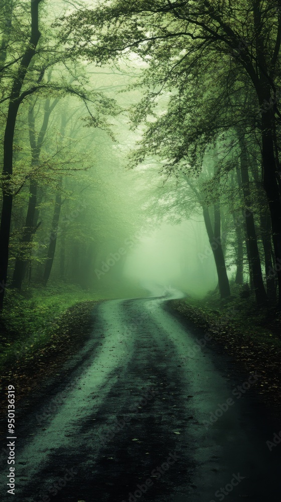 Fototapeta premium Mysterious Forest Road in Morning Fog, Journey into the Unknown, Serene Nature Scene