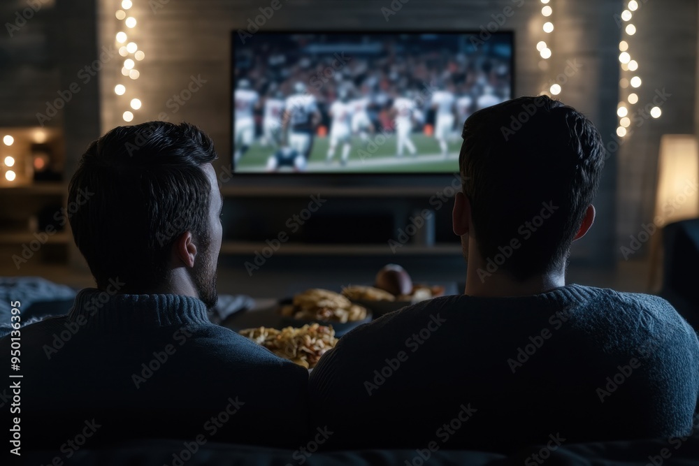 Fototapeta premium Football Game and Feast: A group of friends or family members gathered in a living room, cheering for their favorite team on TV while enjoying snacks like turkey sandwiches, chips, and drinks. The roo