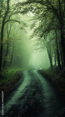 Mysterious Forest Road in Morning Fog, Journey into the Unknown, Serene Nature Scene