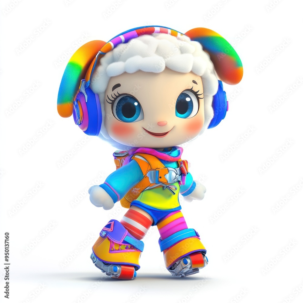A colorful cartoon character with headphones and roller skates, exuding a playful vibe.