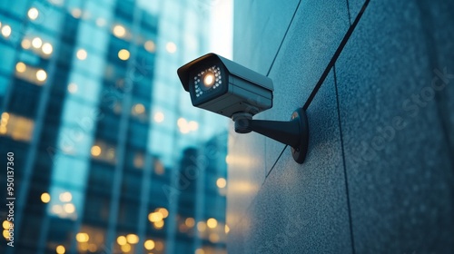 A security camera is mounted on a wall in front of a building