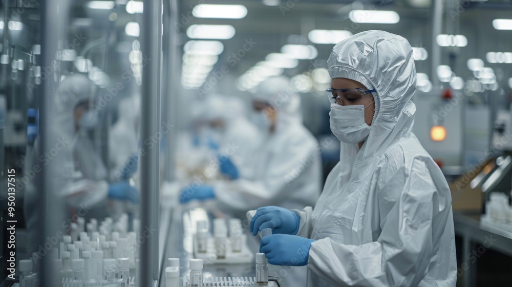 Workers on a pharmaceutical production line Workers on a pharmaceutical production line