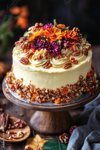 a stunning and colorful fall-themed cake with cream cheese frosting and a sprinkle of chopped nuts illustration