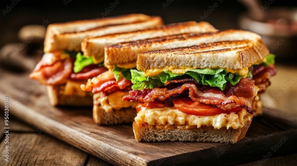 A detailed shot of a classic club sandwich with bacon, lettuce, and tomato, cut into halves and arranged neatly on a rustic wooden board. A detailed shot of a classic club sandwich with bacon, lettuce, and tomato, cut into halves and arranged neatly on a rustic wooden board.