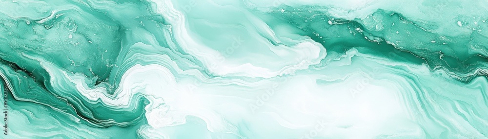 Obraz premium Abstract green and white fluid marble texture background. Modern fluid acrylic painting for design projects and artistic creation.