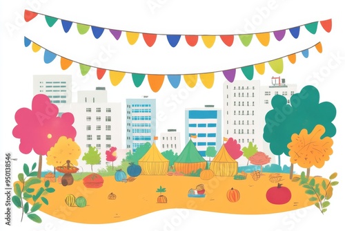 a sukkot festival in an urban setting with modern buildings and colorful street decorations celebrating the harvest.