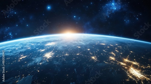 3d render Beautiful night view of the planet Earth from space, with lights in cities on the horizon, creating a global illumination.