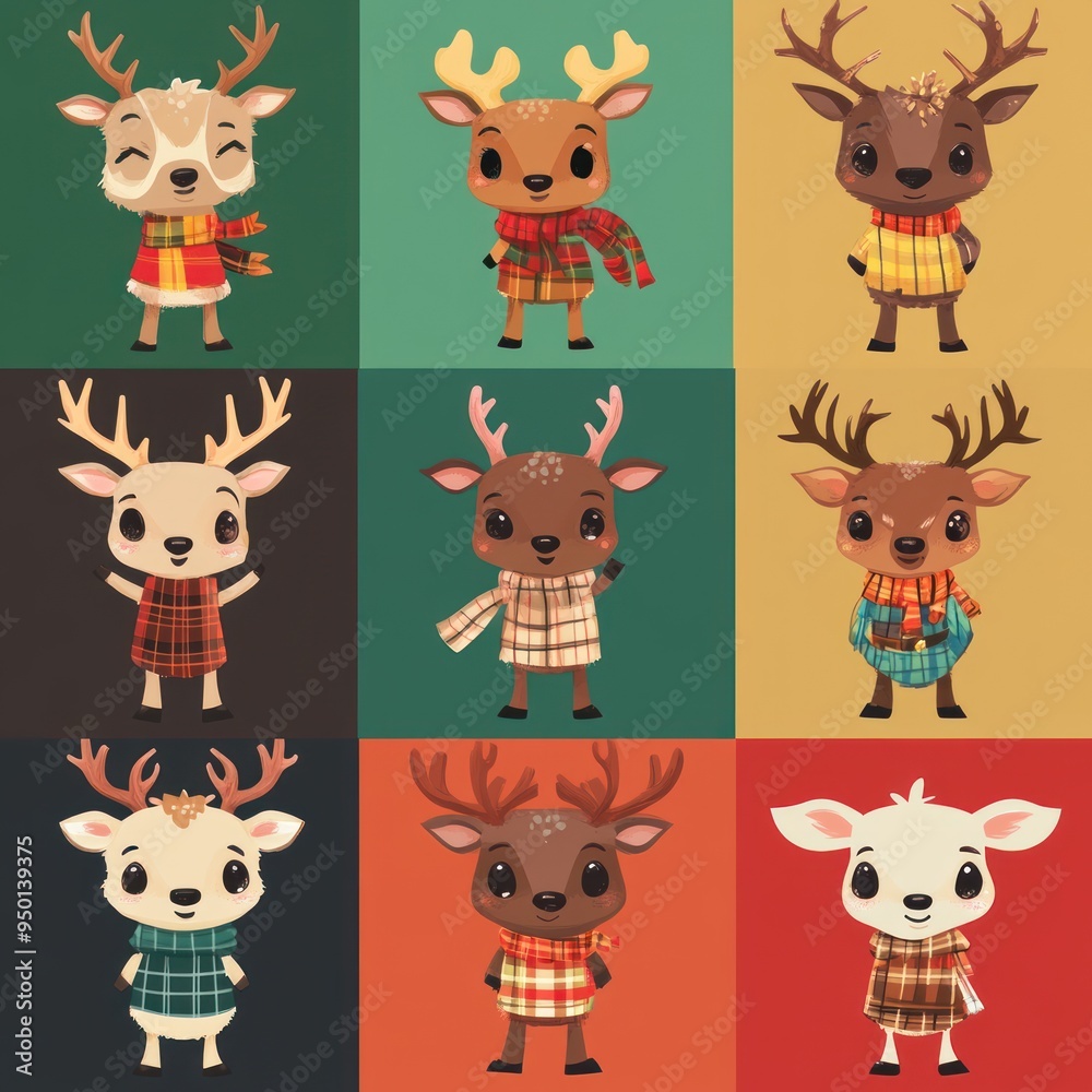 A colorful grid of cartoon deer characters in various outfits and expressions. A colorful grid of cartoon deer characters in various outfits and expressions.