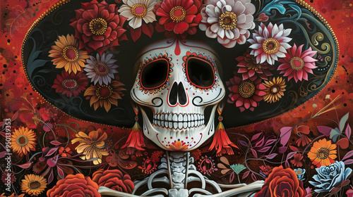 A colorful skeleton wearing a floral hat celebrates the Day of the Dead in a festive atmosphere