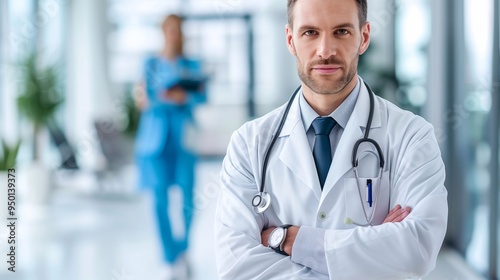 An attractive male doctor is smiling. Hospital staff.