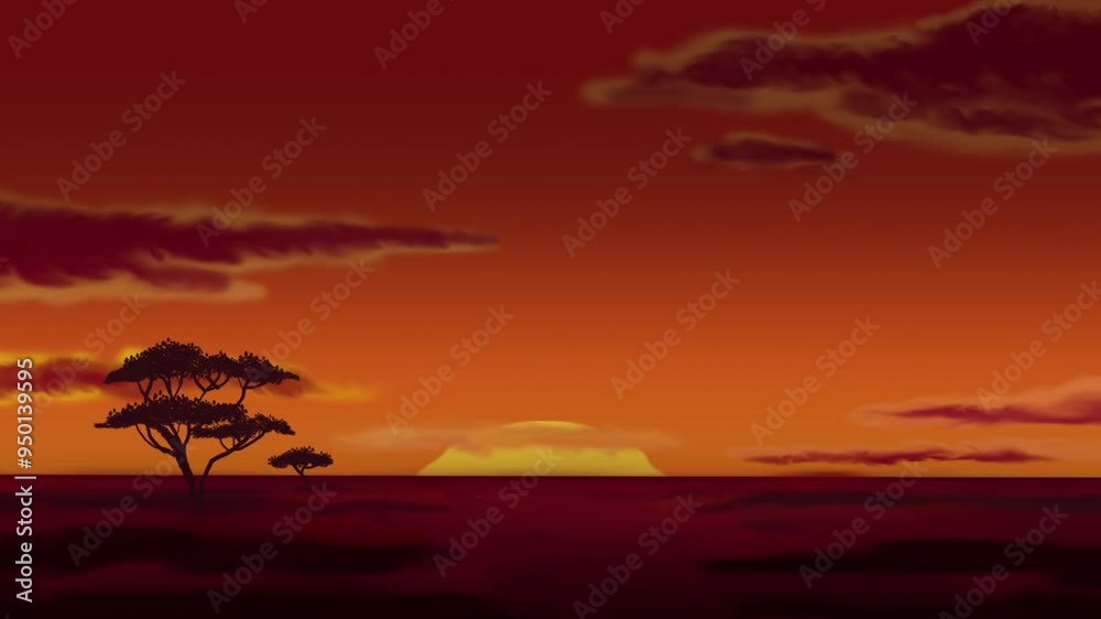 An animation of a sunset in the African savanna where the sky transforms into a vibrant orange palette spreading across the horizon