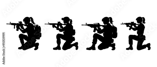 Modern female soldier pointing rifle vector silhouette black filled Illustration.