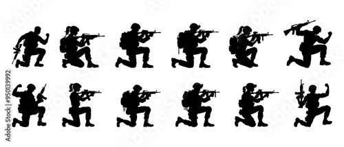 kneeling position firing male and female soldier silhouette black filled vector Illustration icon