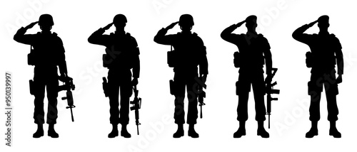 Army soldier silhouette of saluting isolated on white background. Troops hand salute ceremonial greeting, showing respect.