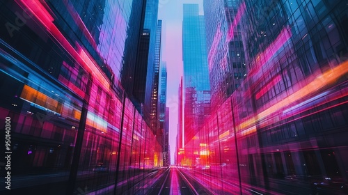 Cityscape with Neon Lights and Blurry Reflections in Windows