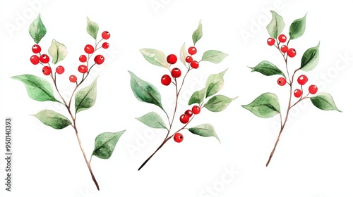 Wallpaper Mural Cute Watercolor Mistletoe with Red Berries on Green Leaves for Holiday Decor Torontodigital.ca