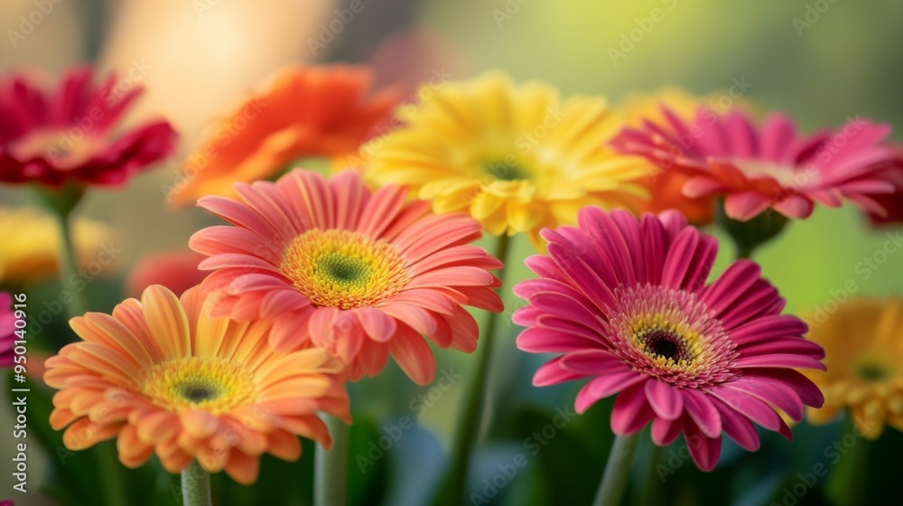 A detailed view of a cluster of colorful gerbera daisies, focusing on their vivid hues and layered petals, with a blurred background to emphasize their beauty. A detailed view of a cluster of colorful gerbera daisies, focusing on their vivid hues and layered petals, with a blurred background to emphasize their beauty.