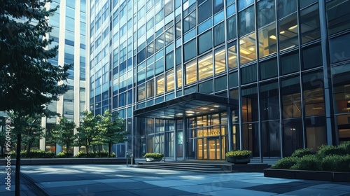 A modern office building with a glass facade and an entrance with a canopy