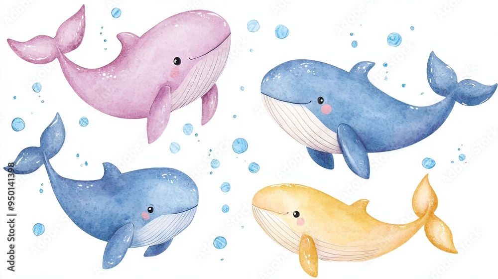 Playful Watercolor Whales Swimming in the Ocean