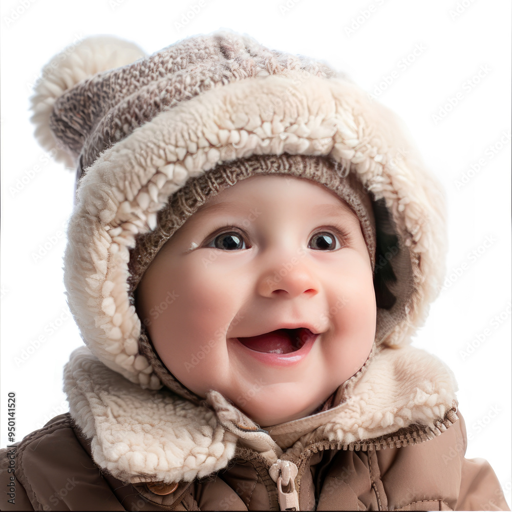 Happy baby in warm winter clothes close-up, isolated, on a white background. Illustration for advertising children's clothing for the winter. A useful gift for parents for the New Year, Christmas.