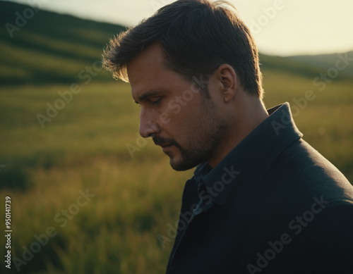 a man standing in front of a field of grass