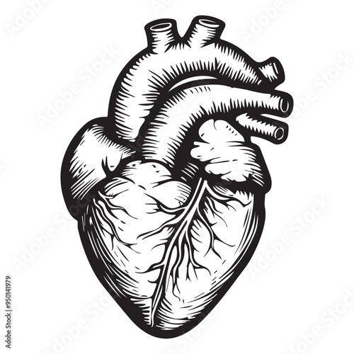 Hand-Drawn Anatomical Heart Vector Illustration in Black and White Engraved Woodcut Style