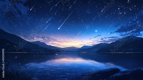 Wallpaper Mural  Starry sky with meteors over a lake at night, a starry background, stars in the sky Torontodigital.ca