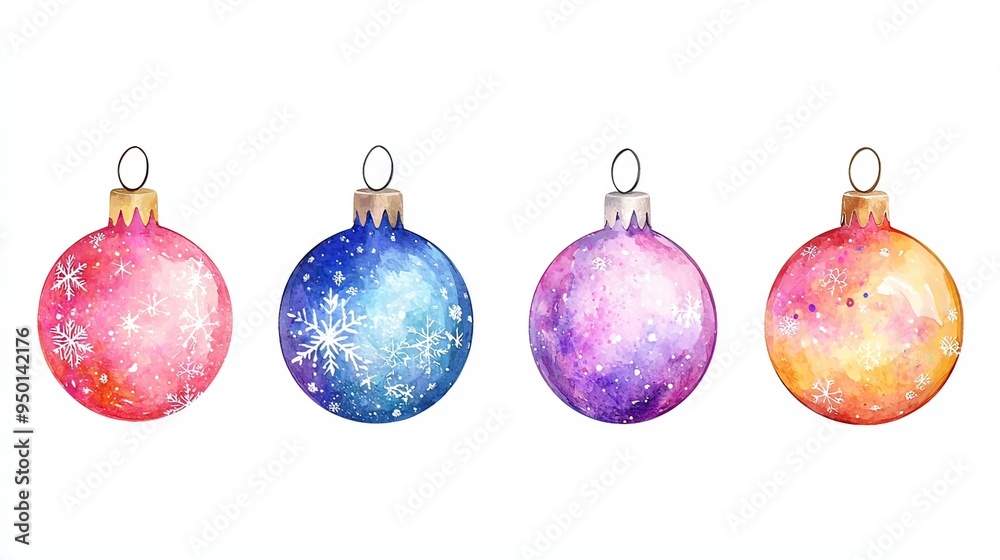 Vibrant Watercolor Style Christmas Baubles with Glittering Accents Vibrant Watercolor Style Christmas Baubles with Glittering Accents