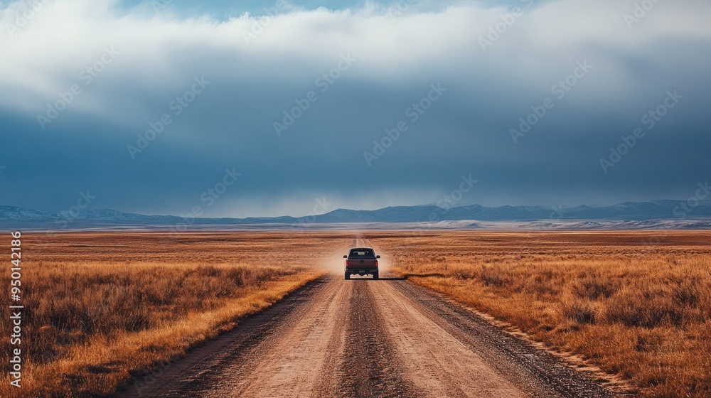 Fototapeta premium Pickup Truck Driving on a Dirt Road Through a Vast Desert Landscape