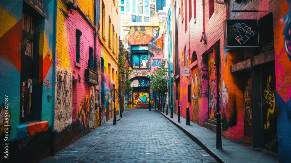 Fototapeta premium Colorful Graffiti Alleyway with Cobblestone Path