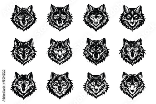 Set of wolf head silhouette vector illustration 