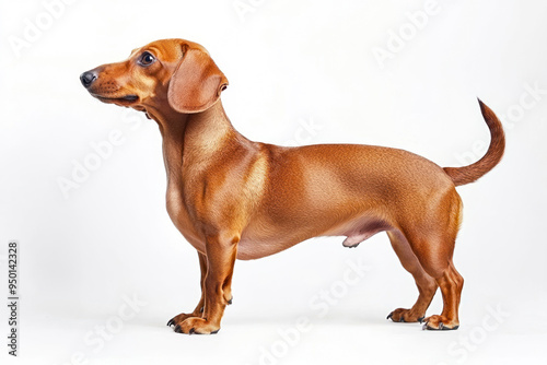 Dachshund dog standing on white studio background side view portrait.