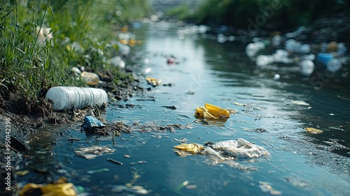 A polluted river with murky water and floating debris, showcasing the consequences of water pollution.