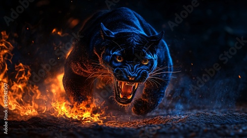 Angry black pnther with open mouth and fiery mane, Glowing yellow eyes, jumping, blue fire flames and sand at night background. Intense Black Panther with Fierce Glowing Eyes in Blue Fiery Ambience
 photo