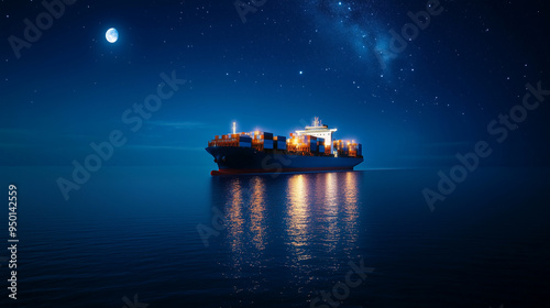 A night scene of a cargo ship illuminated by deck lights as it sails under a starry sky, the moon reflecting off the calm sea, creating a serene yet powerful image of international trade