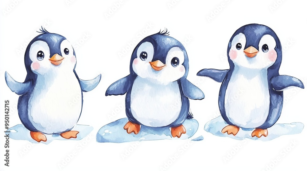 Fototapeta premium Whimsical Watercolor Penguin Trio Sliding on Ice with Joyful Expression