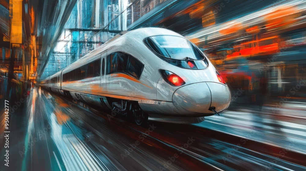 High-Speed Train Blurs Through Cityscape in Artistic Rendering High-Speed Train Blurs Through Cityscape in Artistic Rendering